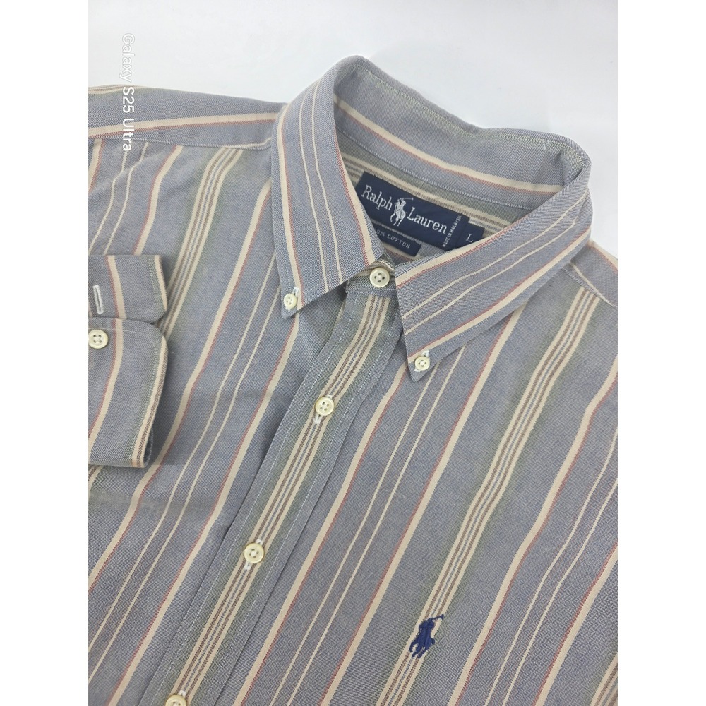 Ralph Lauren Mens Large Blue Tan Red Striped Cotton Oxford Button Down Shirt
